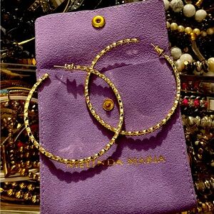 New in pkg. with velvet pouch Melinda Maria 2 1/2” Gold hoops with diamondetts